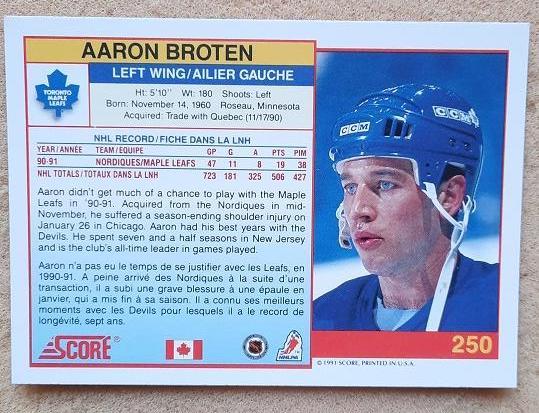 НХЛ Аарон Бротен Торонто Мэйпл Лифс № 250 кан 1