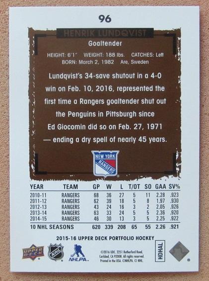 НХЛ Хенрик Лундквист Нью-Йорк Рейнджерс № 96 1