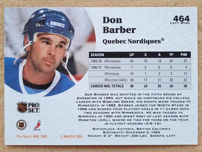НХЛ Дон Барбер Квебек Нордикс № 464 1