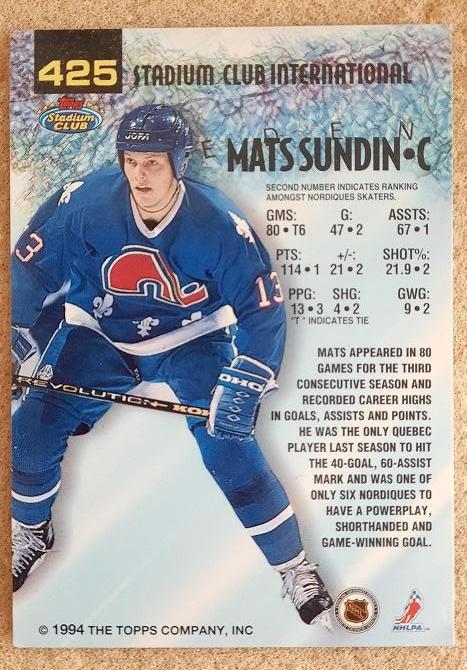 НХЛ Матс Сундин Квебек Нордикс № 425 1