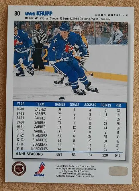 НХЛ Уве Крупп Квебек Нордикс № 80 1