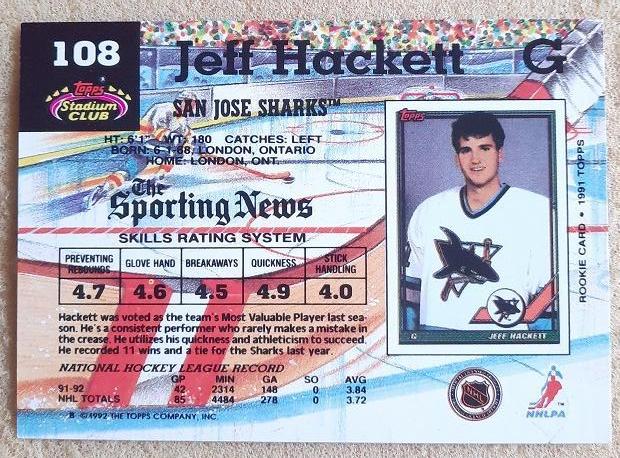 НХЛ Джефф Хэкетт Сан-Хосе Шаркс № 108 1