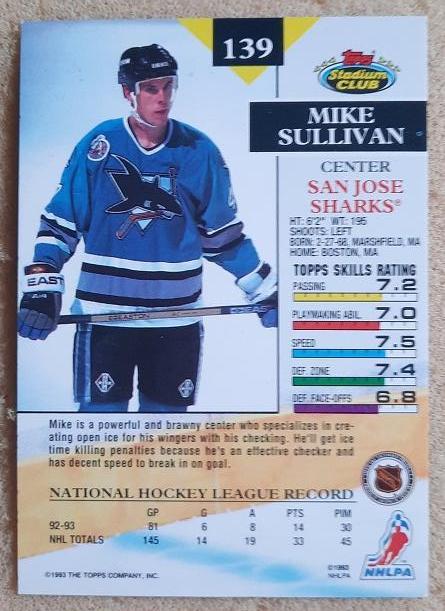 НХЛ Майк Салливан Сан-Хосе Шаркс № 139 1