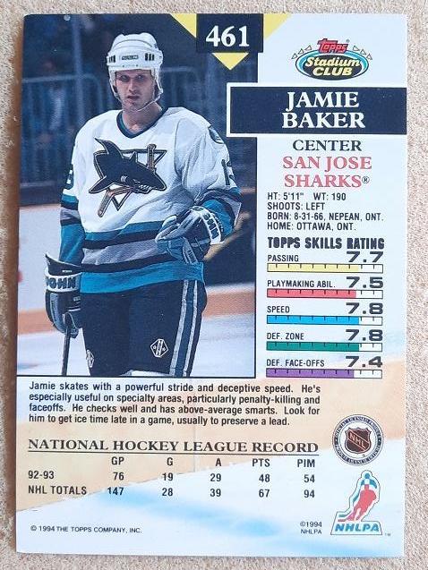 НХЛ Джейми Бейкер Сан-Хосе Шаркс № 461 1