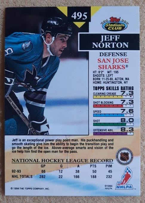 НХЛ Джефф Нортон Сан-Хосе Шаркс № 495 1