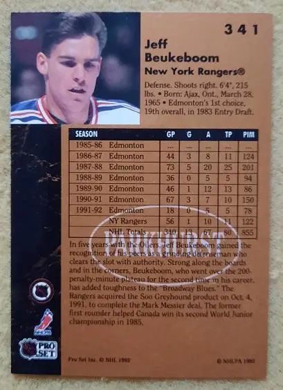 НХЛ Джефф Бьюкебум Нью-Йорк Рейнджерс № 341 1