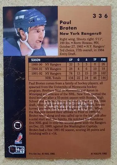 НХЛ Пол Бротен Нью-Йорк Рейнджерс № 336 1