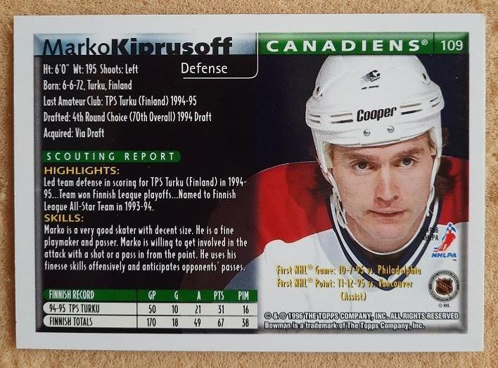 НХЛ Марко Кипрусофф Монреаль Канадиенс № 109 1