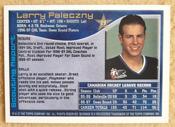 НХЛ Ларри Палецки Оуэн Саунд Платерс № 29 1