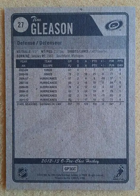 НХЛ Тим Глисон Каролина Харрикейнз № 27 1