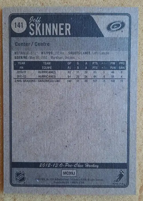 НХЛ Джефф Скиннер Каролина Харрикейнз № 141 1