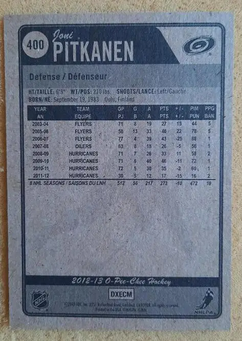 НХЛ Йони Питкянен Каролина Харрикейнз № 400 1