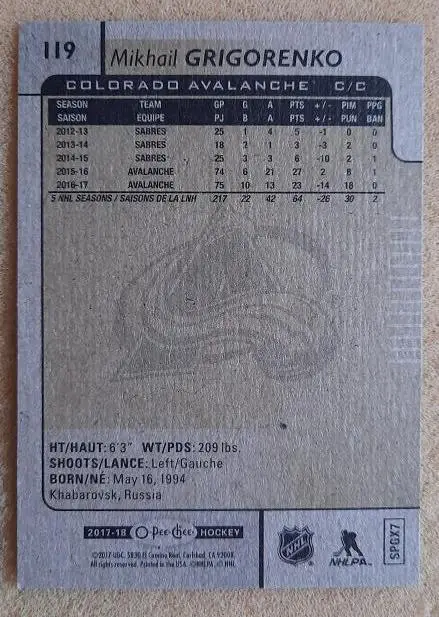 НХЛ Михаил Григоренко Колорадо Эвеланш ЦСКА Москва Хабаровск № 119 1