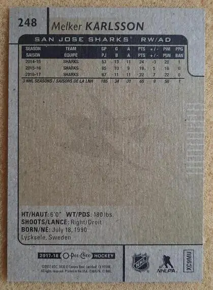 НХЛ Мелкер Карлссон Сан-Хосе Шаркс № 248 1