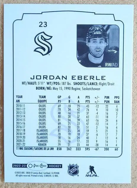 НХЛ Джордан Эберле Сиэтл Кракен № 23 1