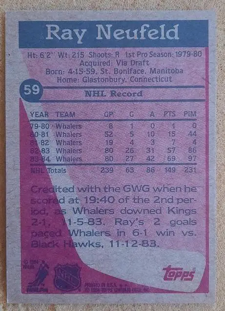 НХЛ Рэй Нойфельд Хартфорд Уэйлерз № 59 1