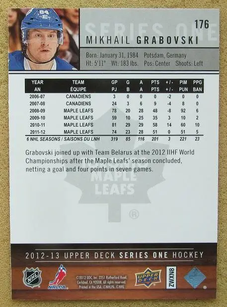 НХЛ Михаил Грабовский Торонто Мэйпл Лифс Минск Динамо Москва № 176 1