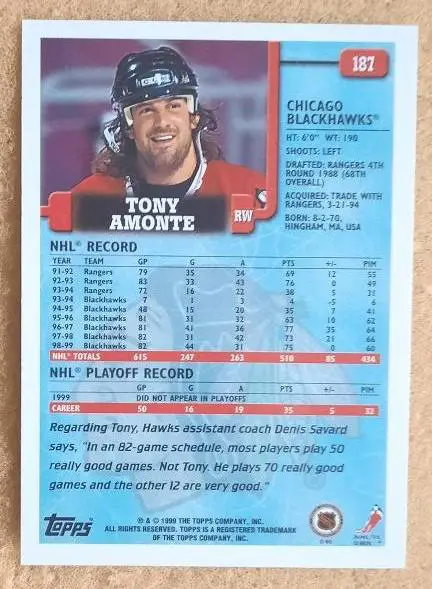 НХЛ Тони Амонте Чикаго Блэкхокс № 187 1