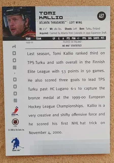 НХЛ Томи Каллио Атланта Трэйшерз № 457 1