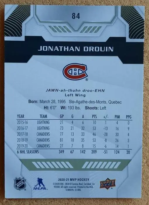 НХЛ Джонатан Друэн Монреаль Канадиенс № 84 1