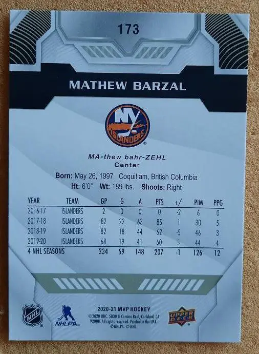 НХЛ Мэтью Барзал Нью-Йорк Айлендерс № 173 1