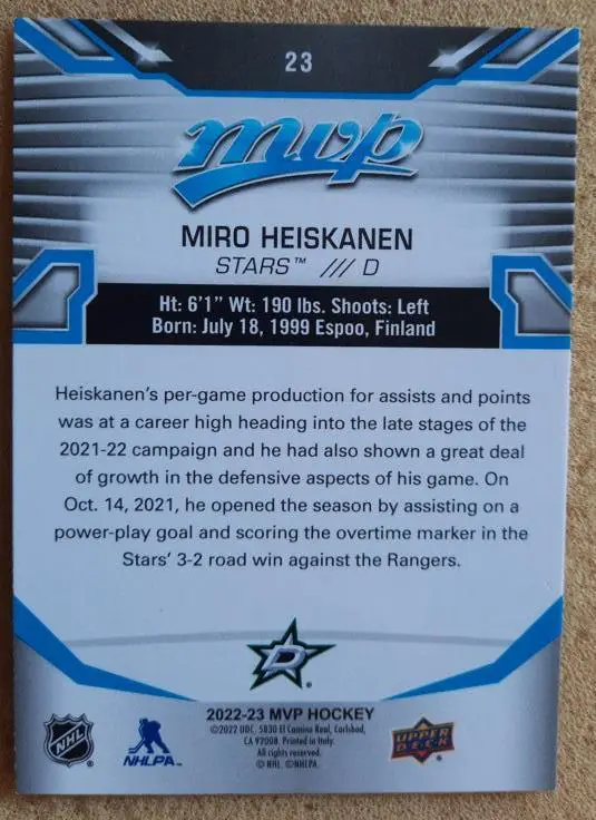 НХЛ Миро Хейсканен Даллас Старз № 23 1