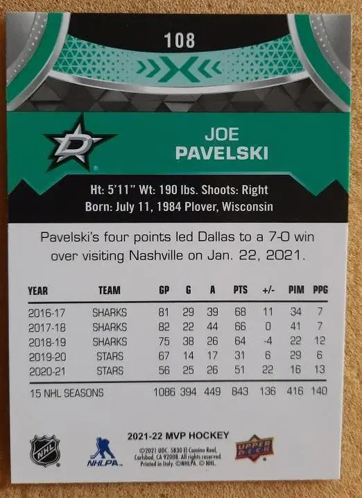 НХЛ Джо Павелски Даллас Старз № 108 1