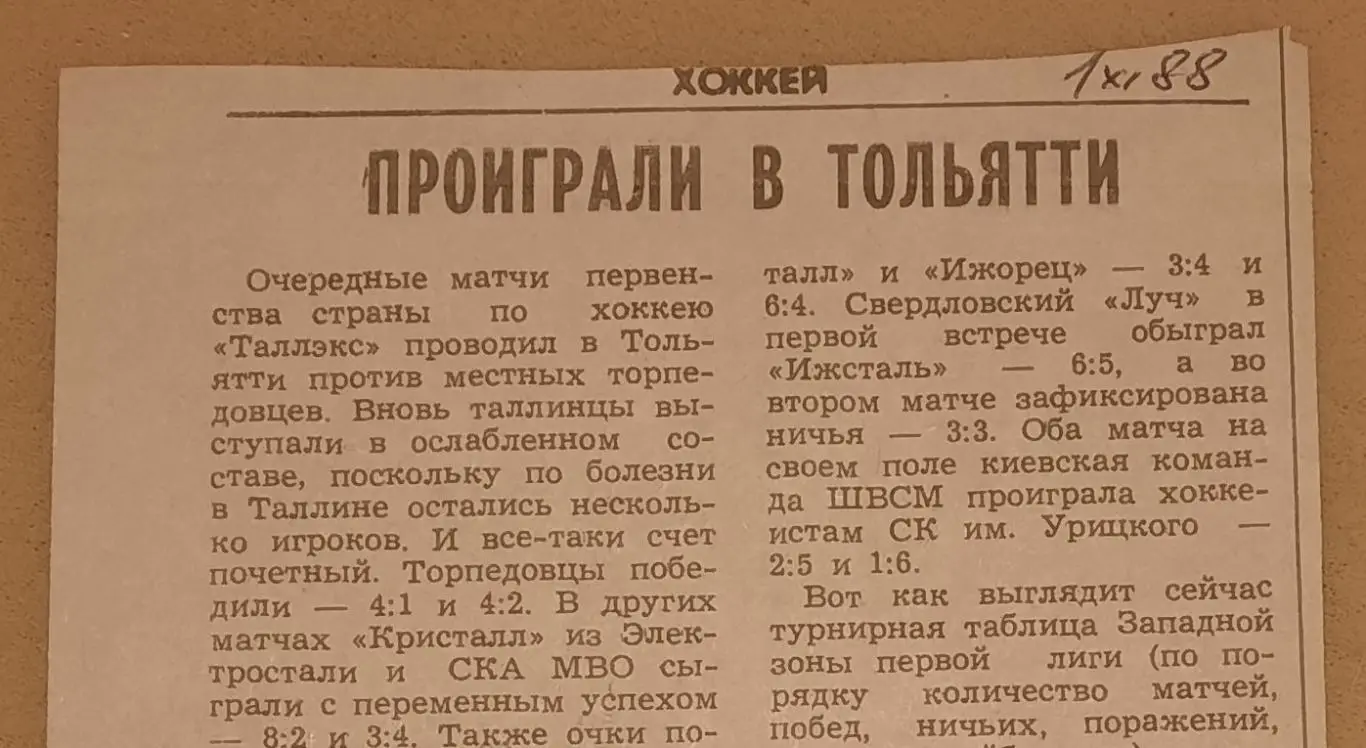 хоккей 1988 Торпедо Тольятти - Таллэкс Таллин за 01.11.