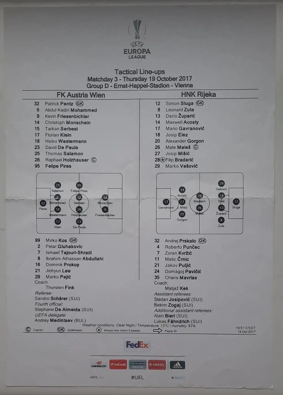 протокол Аустрия Вена Австрия - Риека Хорватия 19.10.2017 Лига Европы