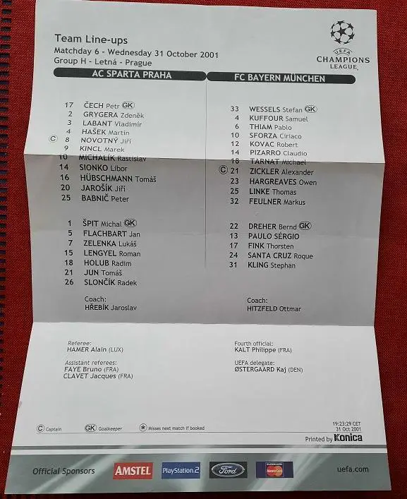 протокол Спарта Прага Чехия - Бавария Мюнхен Германия 31.10.2001 Лига Чемпионов