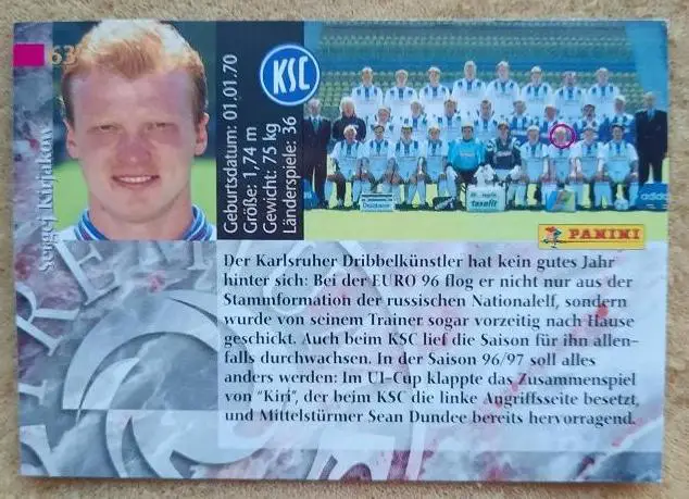 1997 автограф Сергей Кирьяков Карлсруэ Германия ФШМ Динамо Москва № 63 1