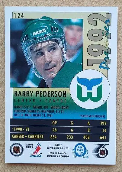 НХЛ Барри Педерсон Хартфорд Уэйлерз № 124 1