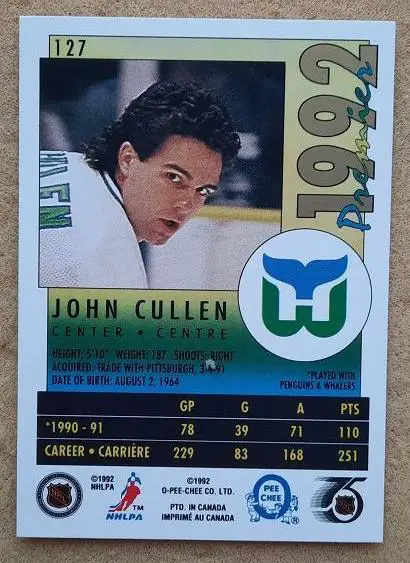 НХЛ Джон Куллен Хартфорд Уэйлерз № 127 1