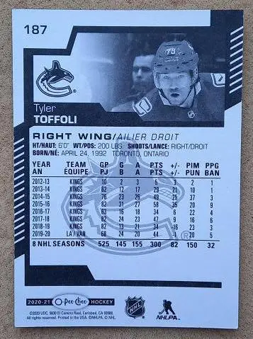 НХЛ Тайлер Тоффоли Ванкувер Кэнакс № 187 1