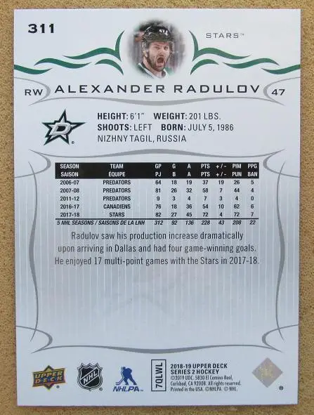 НХЛ Александр Радулов Даллас Старз Тверь Динамо ЦСКА Москва Уфа № 311 1