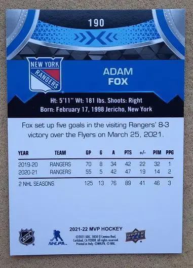НХЛ Адам Фокс Нью-Йорк Рейнджерс № 190 блю 1