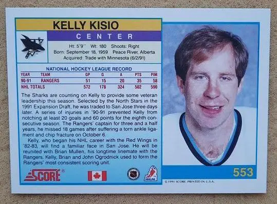 НХЛ Келли Кисио Сан-Хосе Шаркс № 553 кан 1