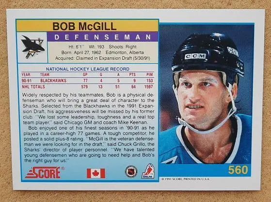 НХЛ Боб Макгилл Сан-Хосе Шаркс № 560 кан 1