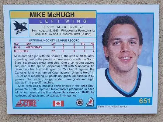 НХЛ Майк Макхью Сан-Хосе Шаркс № 651 кан 1