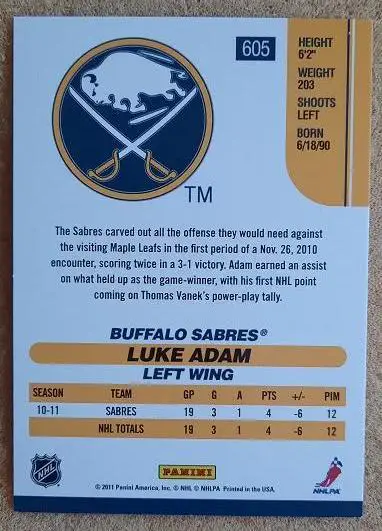 НХЛ Люк Адам Баффало Сейбрз № 605 1