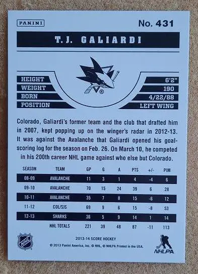 НХЛ Ти Джей Гальярди Сан-Хосе Шаркс Нижнекамск № 431 голд 1