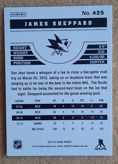 НХЛ Джеймс Шеппард Сан-Хосе Шаркс № 425 1