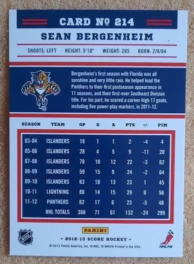 НХЛ Шон Бергенхайм Флорида Пантерз № 214 1