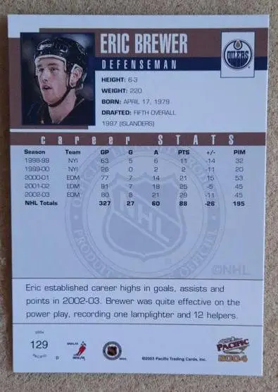 НХЛ Эрик Бревер Эдмонтон Ойлерз № 129 1