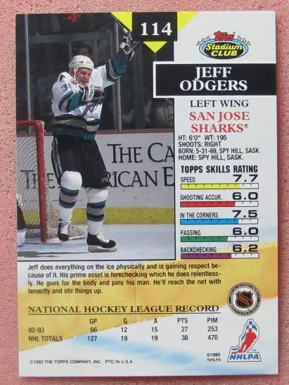 НХЛ Джефф Оджерс Сан-Хосе Шаркс № 114 1