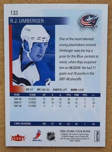 НХЛ Ар Джей Амбергер Коламбус Блю Джекетс № 133 1