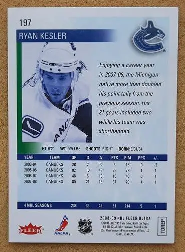 НХЛ Райан Кеслер Ванкувер Кэнакс № 197 1