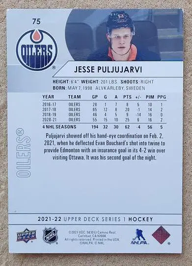 НХЛ Ессе Пульюярви Эдмонтон Ойлерз № 75 1