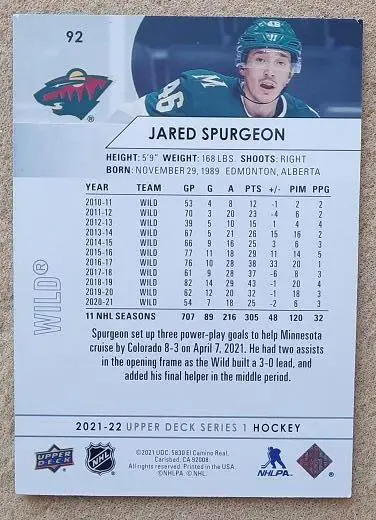 НХЛ Джаред Сперджен Миннесота Уайлд № 92 1