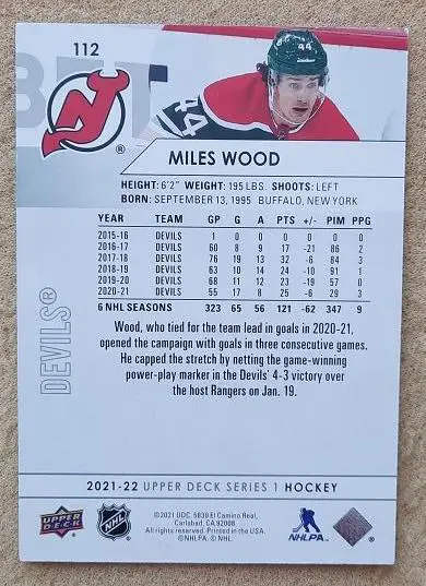 НХЛ Майлз Вуд Нью-Джерси Дэвилз № 112 1